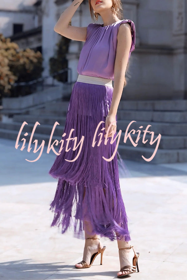 Elegant Tassel Hem Elastic Waist Casual Maxi Skirt