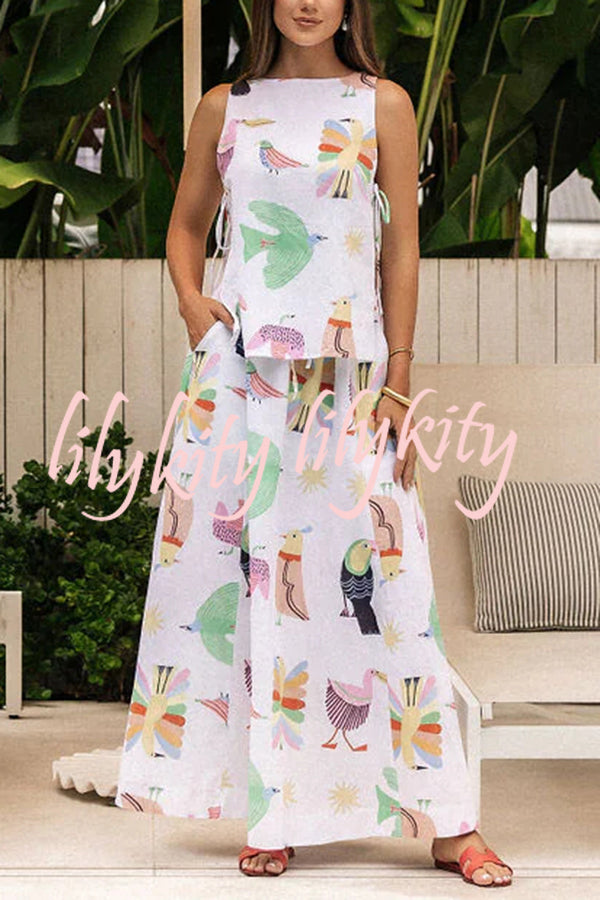 Island Paradise Linen Blend Unique Print Tie-up Slit Tank and Elastic Waist Pocketed Maxi Skirt Set