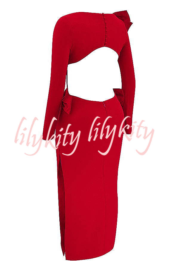 Lovely Bow Cutout Button Back Zipper Long Sleeve Maxi Dress