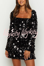 Bring The Disco Large Sequins Square Neck Long Bell Sleeve Backless Slit Mini Dress