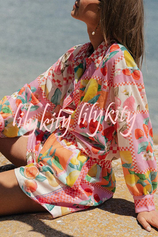 Leisurely Outings Summer Fruit Print Loose Long Sleeve Shirt and Elastic Waist Pocket Shorts Set