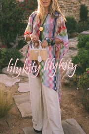 Sun Washed Knit Colorful Zigzag Pattern Asymmetric Hem Loose Cover-ups Kaftan