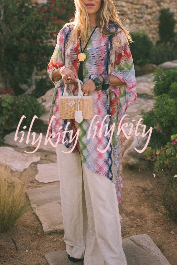 Sun Washed Knit Colorful Zigzag Pattern Asymmetric Hem Loose Cover-ups Kaftan