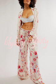 Unique Printed Lounge Long-sleeved Shirt and Elastic Waisted Baggy Pants Set