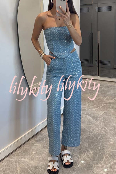 Fashionable Look Denim Sequin Textured High Rise Pocket Straight Jeans