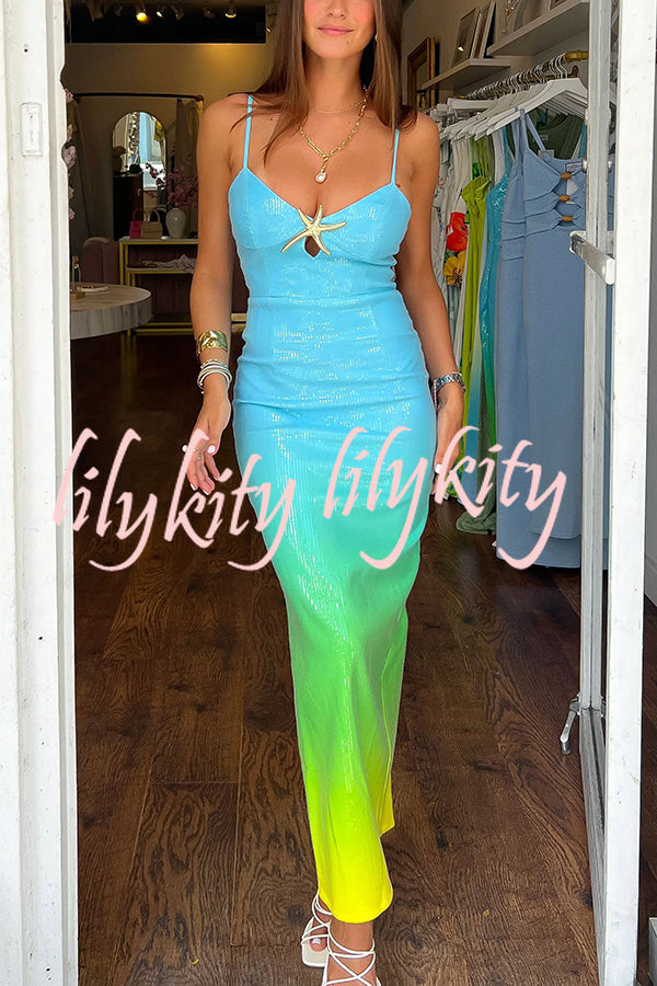 Sirene Sequin Unique Gradient Print Starfish Brooch Cutrout Slit Stretch Maxi Dress