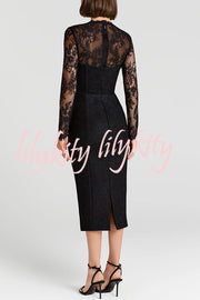 Mylene Lace Corset Cut Sweetheart Tie-up Neck Sheer Long Sleeve Slit Midi Dress