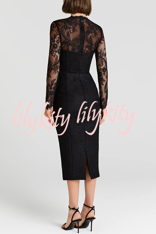 Mylene Lace Corset Cut Sweetheart Tie-up Neck Sheer Long Sleeve Slit Midi Dress