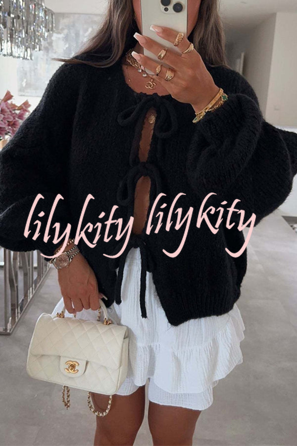 Solid Color Long-sleeved V-neck Lace-up Loose Knitted Sweater
