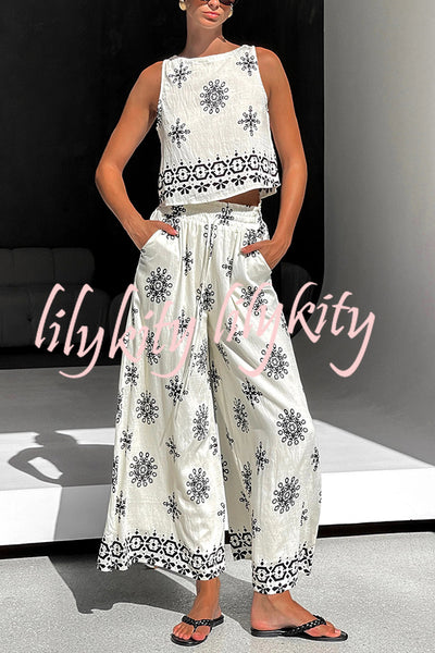 Unique Printed Round Neck Sleeveless Button Top and Elastic Waist Pocket Wide Leg Pants Set