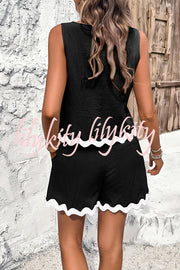 Casual Wavy Edge Buttoned Elastic Waist Shorts Set