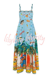 Summer Energy Linen Blend Unique Print Smocked Back Pocketed Midi Dress