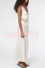 Wonderful Fusion Satin Lace Trim Poka Dot V-neck Drape Maxi Dress