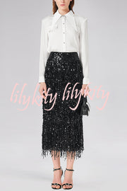 Evening Charm Layered Sequined Tassels High Rise Back Zipper Slit Midi Skirt