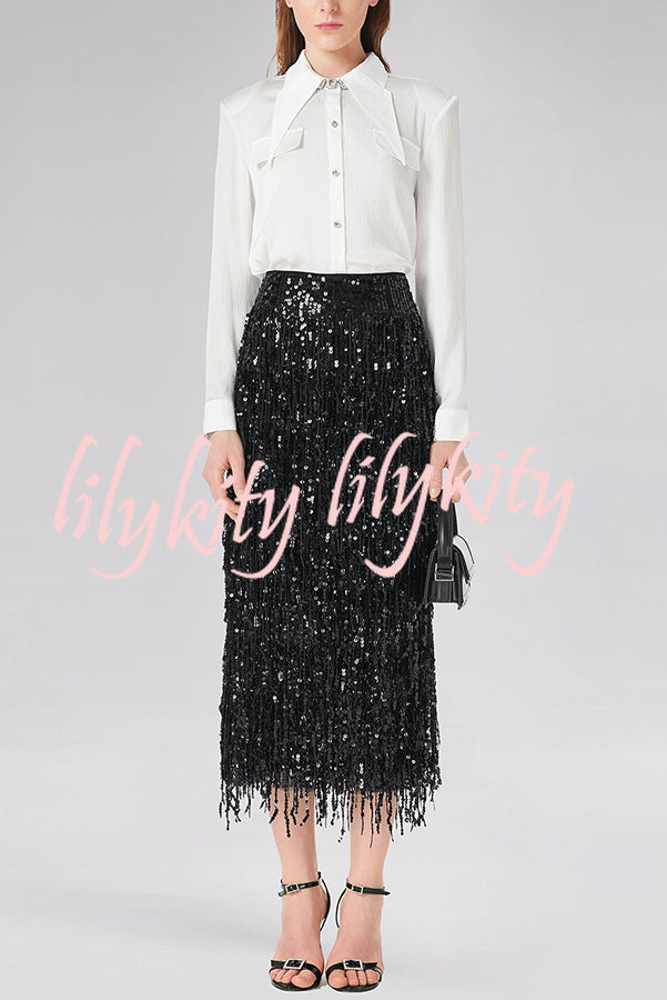 Evening Charm Layered Sequined Tassels High Rise Back Zipper Slit Midi Skirt
