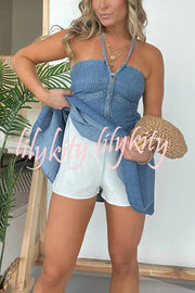 Sexy Halter Neck Backless Front Zip Denim Mini Dress