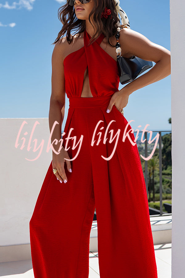 Easy Mode Cross-neck Halter Strap Backless Wide Leg Jumpsuit
