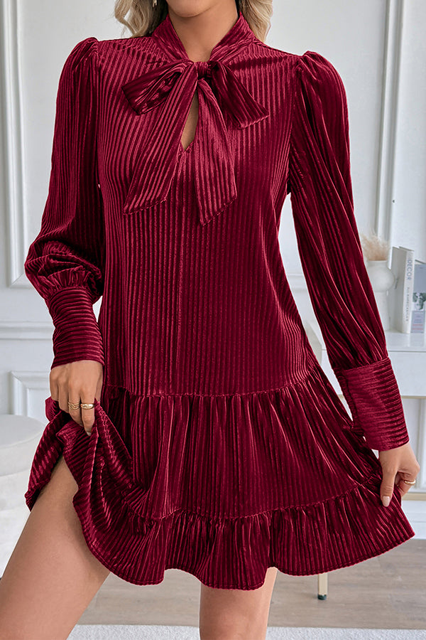 Vintage Velvet Bow Tie Neck Long Sleeve Loose Mini Dress