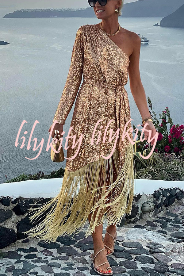 For The Love Gold Sequin One Shoulder Belted Fringes Midi Dress