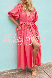 Valentine's Day Gold Heart Print Puff Sleeve Button Pocketed Loose Maxi Dress