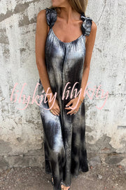 Fashionable Gold-stamped Suspenders Loose Pocket Wide-leg Jumpsuit