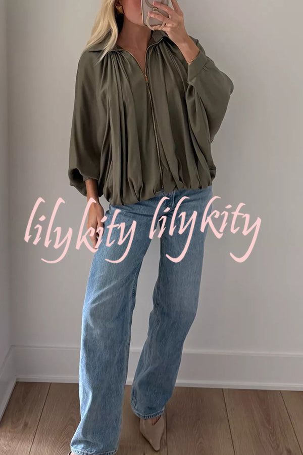 Fashion Lapel Loose Puff Long Sleeve Casual Zipper Jacket