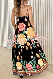 Floral Print Halter Back Loose Pocket Full Hem Maxi Dress