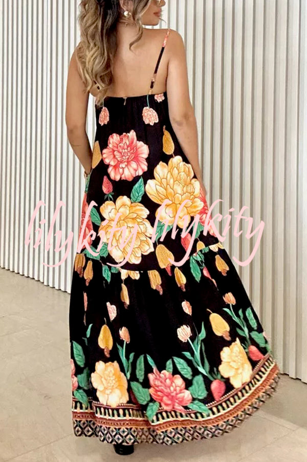 Floral Print Halter Back Loose Pocket Full Hem Maxi Dress