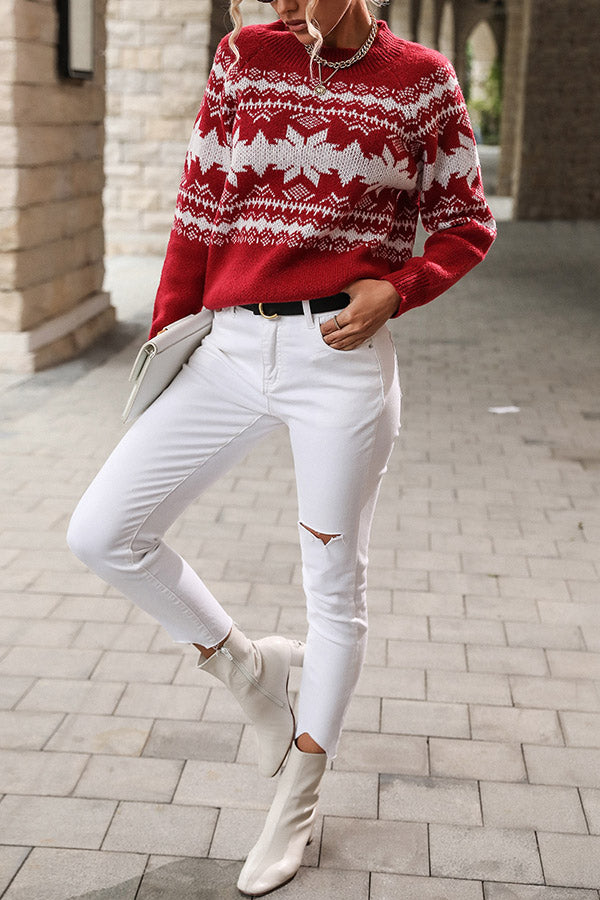 Christmas Snowflake Round Neck Long Sleeve Loose Knitted Sweater