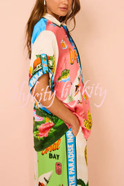 Kissed By The Sun Satin Unique Print Colorblock Button Down Oversized Blouse