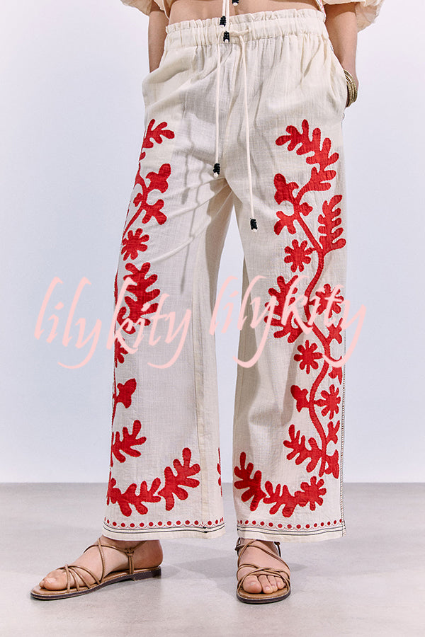 Till Sunset Linen Blend Unique Print Elastic Waist Pocket Wide Leg Pants