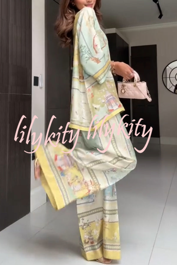 Elonie Satin Floral Print V-neck Half Sleeve Top and Elastic Waist Wide Leg Pants Set