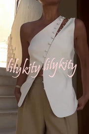 Full of Design Solid Color One Shoulder Asymmetric Slit Button Casual Vest