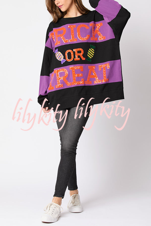 Halloween Letter Sequined Color Block Loose Casual Sweatshirt