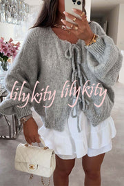 Solid Color Long-sleeved V-neck Lace-up Loose Knitted Sweater