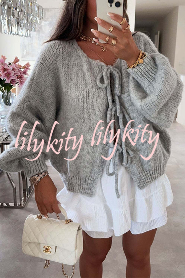 Solid Color Long-sleeved V-neck Lace-up Loose Knitted Sweater