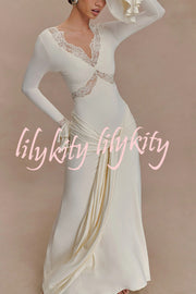 Fashion Lace Splicing Sexy V-neck Long-sleeved Slim Maxi Dress