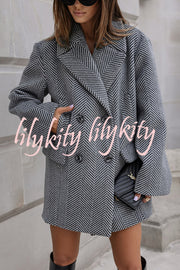 Fashion Stripe Print Lapel Pocket Coat