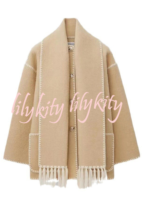 Stylish Loose Pocket Long Sleeve Coat and Warm Fringed Scarf