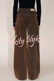 Taylor Denim Mid Rise Detachable Belt Flocked Pocket Wide Leg Jeans