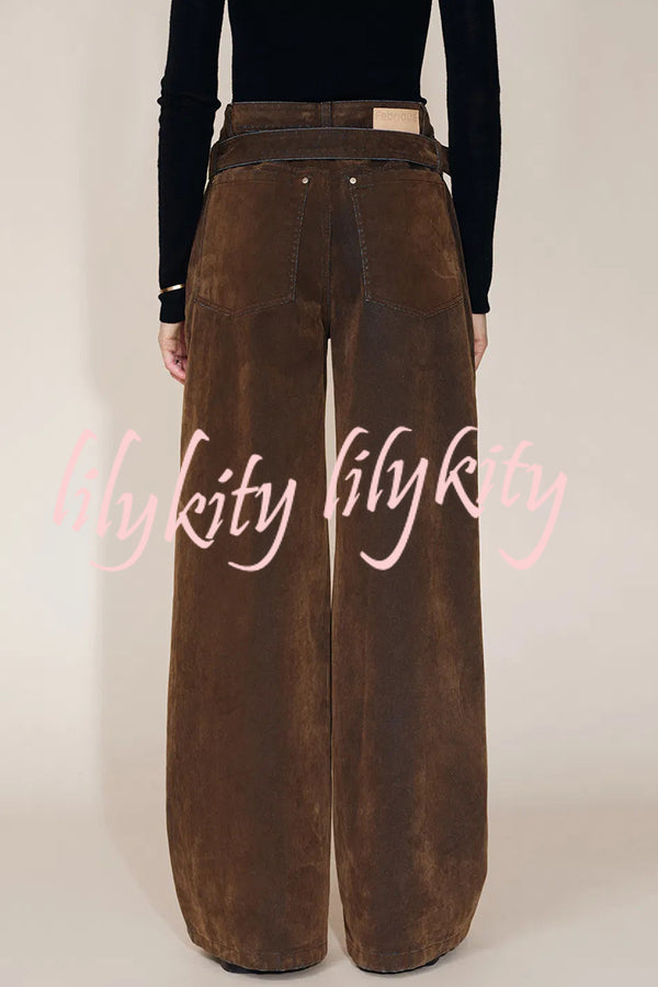 Taylor Denim Mid Rise Detachable Belt Flocked Pocket Wide Leg Jeans