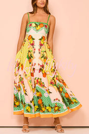 Enjoy Summer Lemon Linen Blend Unique Print Smocked Back Pocket Maxi Dress