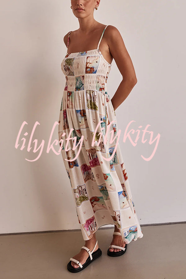 Unique Printed Sling Backless Elastic Pleated Maxi Dress