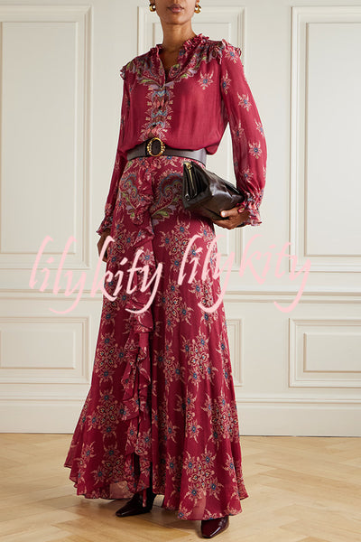 Unique Printed Chiffon Long-sleeved Loose Shirt and Elegant Ruffled Maxi Skirt Set