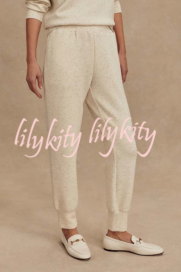 Ivory Marl Fleck Half-Zip Neck Long Sleeve Sweatshirt and Elastic Waist Pocket Jogger Set