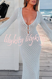 V Neck Button Down Knitted Cutout Long Sleeved Cover Up