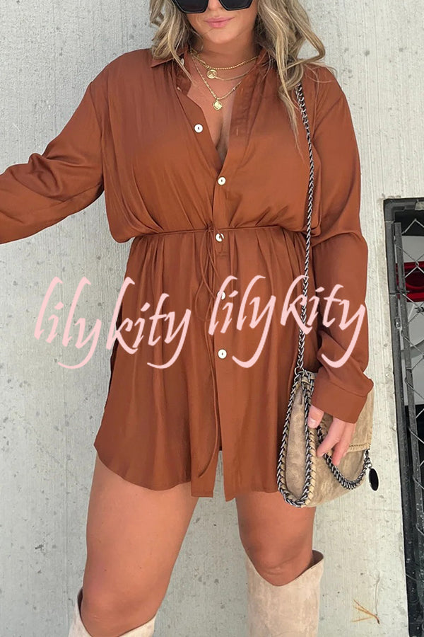 Solid Color Long Sleeve Button Casual Shirt-Style Rompers
