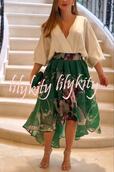 Tessy Batwing Sleeve Top and Floral Elastic Waist Pearls Detail High Low Midi Skirt Set