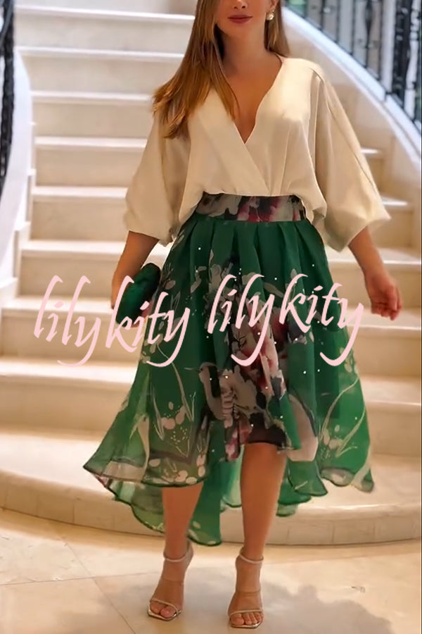 Tessy Batwing Sleeve Top and Floral Elastic Waist Pearls Detail High Low Midi Skirt Set