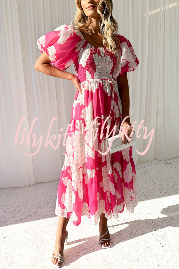 Unique Floral Print Patchwork Lace Up Pleated Maxi Dress